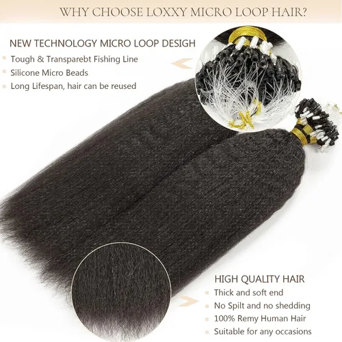 Vista 2 de Extensiones de cabello humano con micro anillo, lacio, rizado, color negro natural, largo microenlaces, extensiones de cabello humano para personas
