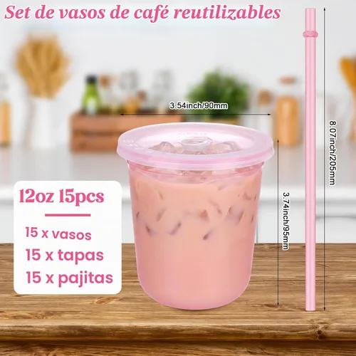 Vista 3 de Lounsweer 15 vasos transparentes reutilizables con tapas y pajitas, 12 Rosa