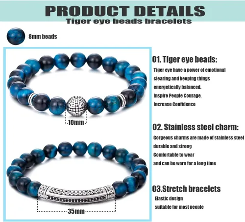 Vista 2 de BOMAIL Pulsera elástica de piedras de ojo de tigre para hombres y mujeres, 0.315 in, joyería de moda