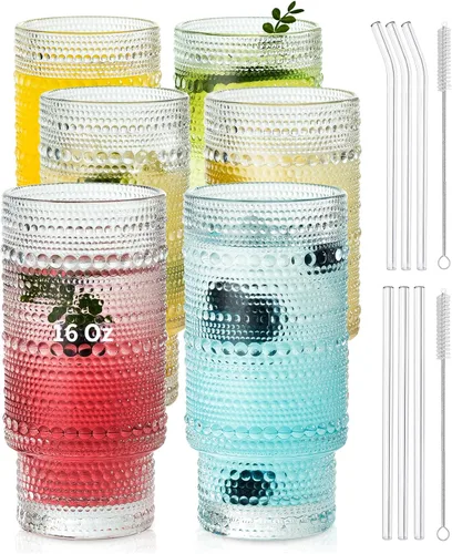 Vista 10 de KEMORELA - Juego de vasos elegantes de alta copa - Vasos XL de 16 oz - Bebidas mixtas, café helado, cerveza, jugo, agua - Diseños de nudos y cuentas