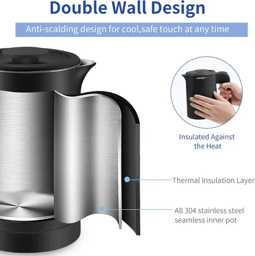 Vista 3 de 0.6L Hervidor Eléctrico Pequeño de Acero Inoxidable, Calentador de Agua Caliente Portátil de Pared Doble, Tetera de Té Mini de Tacto Frío, Apagado