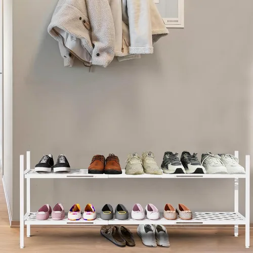 Vista 2 de Zapatero expandible organizador de zapatos de metal, 2 niveles apilable largo soporte de almacenamiento de zapatos para armario, piso, entrada