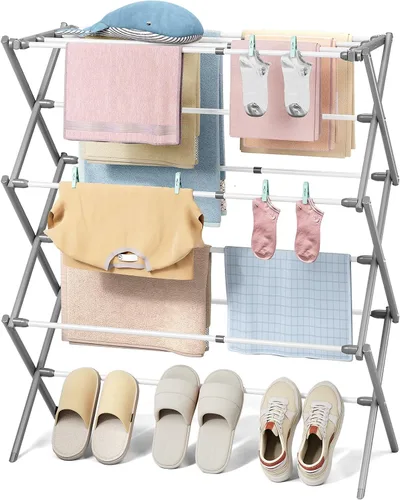 Vista 11 de KINGBOARD Tendedero de secado de ropa plegable con 11 postes, estante de secado de lavandería de 3 niveles, estante de secado de ropa pequeño