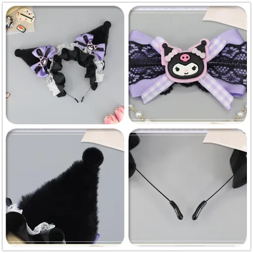 Vista 5 de Kuromi - Diadema con lazos y cintas de encaje, diadema de Lolita para disfraz de dibujos animados, fiesta de cosplay para niños y mujeres y niñas