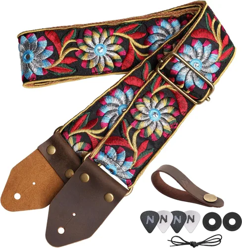 Vista 8 de Nefelibata Correa de guitarra, correas de guitarra de algodón bordado jacquard con extremos de cuero de caballo loco para bajo, eléctrico