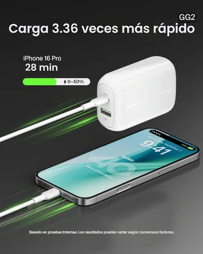 Vista 2 de Belkin Bloque de Carga de 42W con 2 Puertos, Cargador USB-C + USB-A de Super Carga Rápida - Samsung Galaxy S25, Apple iPhone 17, Air, Pro, Pro Max