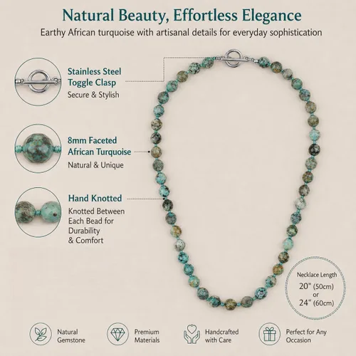 Vista 4 de GAVU Collar con cuentas anudadas a mano para hombre, Collar de cristal para hombres turquesa (African Turquoise)