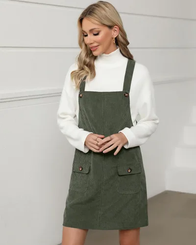 Vista 13 de luvamia Vestido de pana para mujer, tirantes ajustables, casual, a la moda, overoles cortos con bolsillos