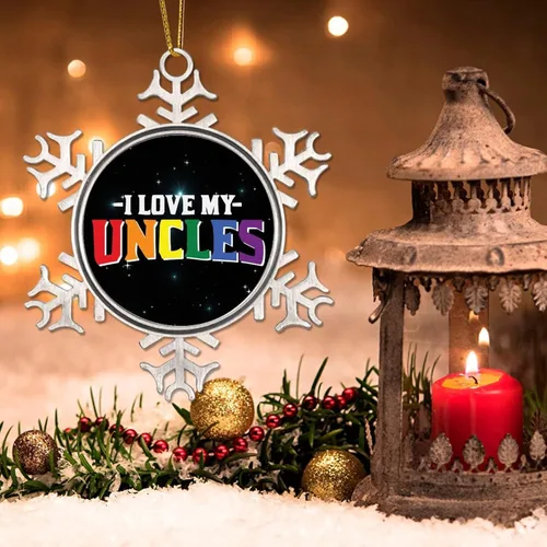 Vista 3 de I Love My Uncle LGBT Pride Adornos de Navidad para árbol, bisexual, arco iris, orgullo gay, LGBTQ Pansexual de metal copo de nieve colgante de árbol