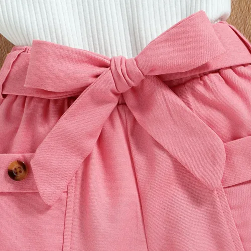 Vista 6 de Chaleco acanalado sin mangas de verano para niñas pequeñas, atuendo de camiseta y pantalones cortos para baby shower (rosa, 18-24 meses)