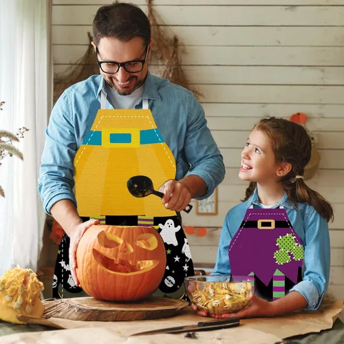 Vista 5 de YLOLUL Delantal de cocina de Halloween, delantales de cocina de bruja, decoración de fiesta de Halloween, delantales de cocina para niños