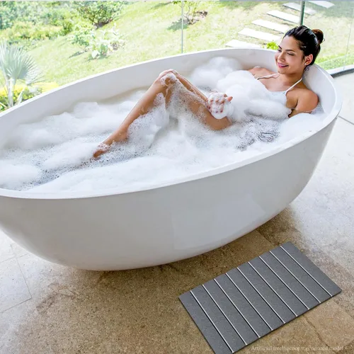 Vista 9 de Paquete de 1 tapete de baño plegable de piedra para baño, tapete de baño gris súper absorbente de tierra de diatomeas, alfombra de ducha