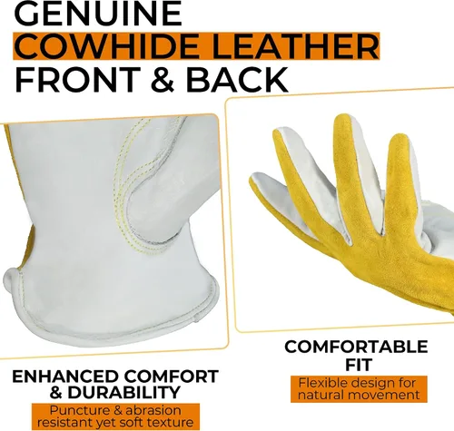 Vista 2 de HANDLANDY Guantes de jardinería de cuero para hombre, guantes de trabajo utilitarios para mecánicos, construcción, conductor