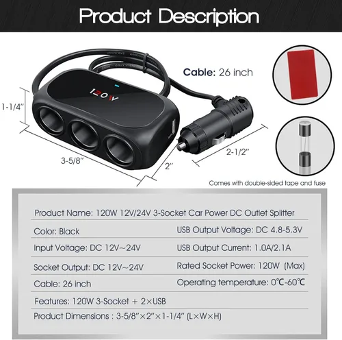 Vista 2 de Adaptador divisor de encendedor de cigarrillos de coche de 3 enchufes, 2 extensores USB [120W] [12V/24V] [cargador de coche dual USB de 3.1 A]
