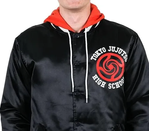 Vista 3 de Bioworld Jujutsu Kaisen TJHS Logo Men's Navy Hooded Satin Bomber Jacket