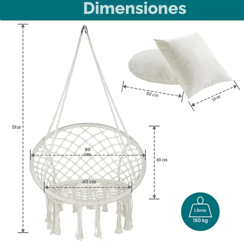 Vista 6 de JoyView Silla Hamaca de Macramé Colgante Máx. 330 Libras con 2 Cojines y Kits de Herrajes para Interior Exterior Dormitorio Patio Jardín - Beige