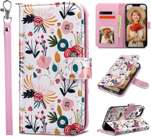 Vista 42 de ULAK Compatible con iPhone 13 Funda tipo cartera para mujer, funda tipo billetera de piel PU con tarjetero y función de caballete, funda protectora