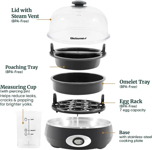 Vista 6 de Elite Gourmet EGC007CHC# Cocedor Rápido de Huevos, 7 Huevos Hervidos Fáciles de Pelar, Duros, Medianos, Suaves, Escalfador, Máquina para Tortillas