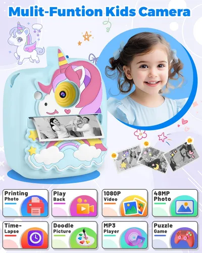 Vista 3 de Cámara para Niños Impresión Instantánea, Regalos de Navidad y Cumpleaños para Niños de 3 a 8 Años, Cámara de 48MP y 1080P para Niños con Papel