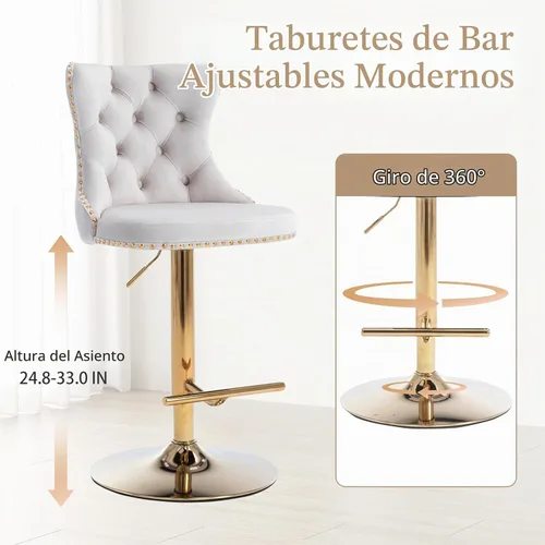 Vista 3 de Juego de 2 taburetes de bar beige, taburetes de bar tapizados ajustables con respaldo y reposapiés dorado, modernos taburetes de bar giratorios