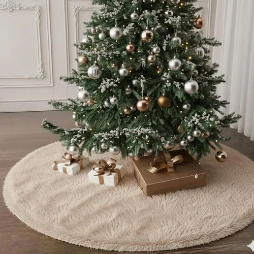Vista 13 de Faldones de Felpa para Árbol de Navidad, 24 pulgadas, Lujosa Cubierta de Base de Árbol de Navidad de Piel Sintética Negra con Copos de Nieve Dorados