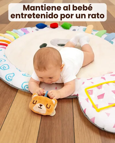 Vista 4 de Gimnasio de juegos para bebés, tapete de actividades grueso y antideslizante, 5 zonas de desarrollo, tapete para tiempo boca abajo con 5 juguetes