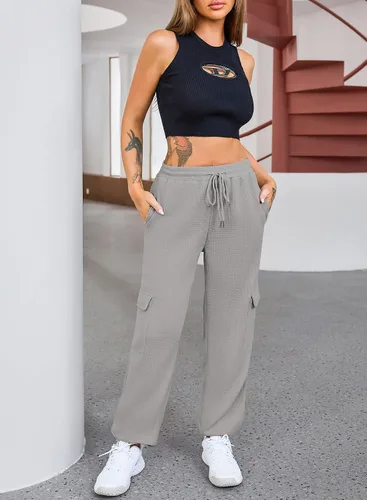 Vista 4 de Aleumdr Pantalones deportivos de punto gofre para mujer, pantalones deportivos casuales con bolsillo y cintura elástica, pantalones de descanso