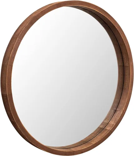 Vista 4 de LYYYXGYP Espejo redondo de madera de 24 pulgadas, espejo de pared de granja con marco de madera, espejo circular marrón para baño Espejo de baño