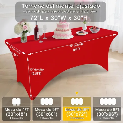 Vista 8 de Smiry Paquete de 2 manteles de elastano de 6 pies, manteles elásticos ajustables extensibles, lavables y sin arrugas, cubiertas rectangulares de Rojo