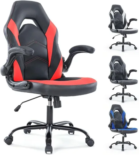 Vista 10 de Silla ergonómica resistente para videojuegos, para oficina en casa, con soporte lumbar, respaldo ajustable, reposabrazos abatible y ruedas
