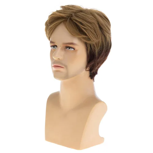 Vista 5 de Peluca marrón corta en capas para hombres, peluca sintética resistente al calor Cosplay pelo Café combinado