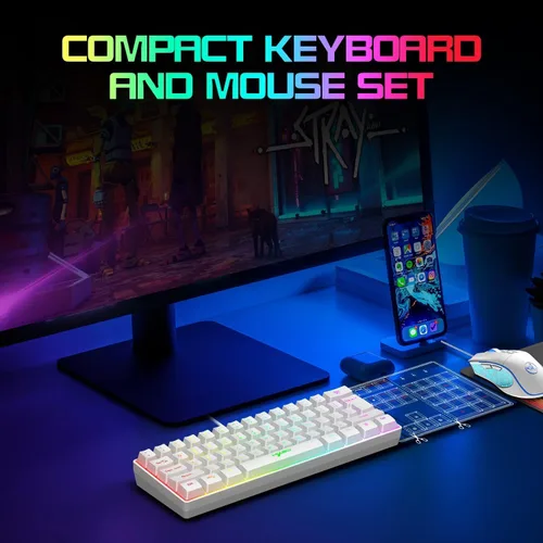 Vista 8 de SELORSS Combo de teclado y mouse para juegos al 60%, 61 teclas, mini teclado compacto con retroiluminación RGB de 6400 DPI, mouse ligero