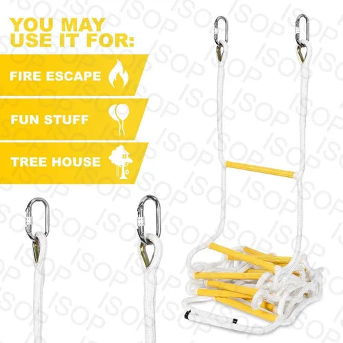 Vista 3 de Escalera de cuerda para escape de incendios de 8 pies, escalera de extensión de emergencia, resistente a la intemperie, con ganchos de resorte