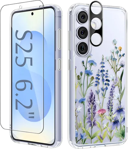 Vista 10 de GVIEWIN Funda protectora para Samsung Galaxy S25, transparente floral, delgada, a prueba de golpes, para mujer, no se pone amarilla, con protector