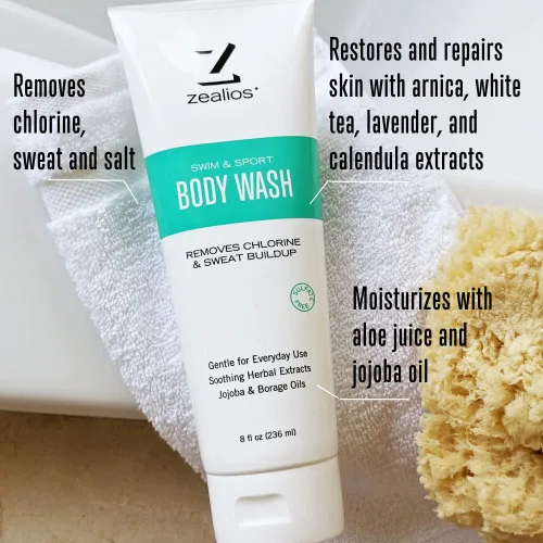 Vista 5 de Zealios Champú de natación y deporte, acondicionador y gel de baño hidratante para aliviar los productos químicos de la piscina