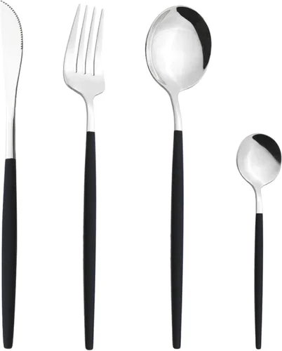 Vista 14 de Juego de cubiertos Cuchillo de cena Postre Tenedor Cuchara Juego de vajilla de acero inoxidable Vajilla de cocina 4 piezas Negro