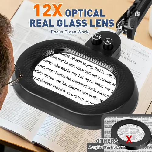 Vista 3 de KIRKAS Lupa de piso grande 12X con luz y soporte, color infinito regulable 2 en 1 lámpara de lupa iluminada para trabajo cercano, lectura