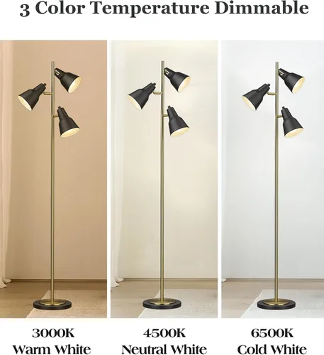 Vista 3 de ELYONA Lámpara de pie con árbol dorado con 3 luces giratorias ajustables, luces de pie industriales de poste alto de metal con 3 bombillas LED