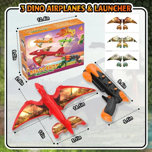 Vista 6 de Aiencsai Paquete de 3 juguetes de lanzamiento de aviones de dinosaurio para niños, aviones de espuma para niños juguetes de niños con calcomanías