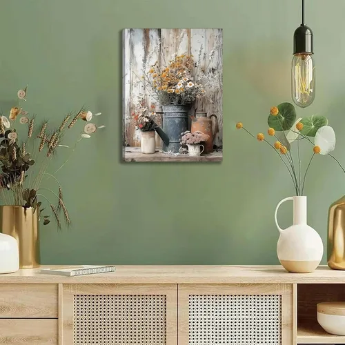 Vista 2 de Lienzo rústico con margaritas y margaritas, arte de pared, pintura campestre neutra, decoración de pared, flores, naturaleza muerta, botánica