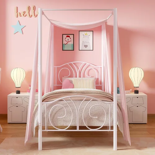 Vista 12 de VECELO - Marco de cama con dosel doble, cabecera vintage con voluta, color negro mate Twin canopy bed frame, Scrollwork metal headboard, Sturdy