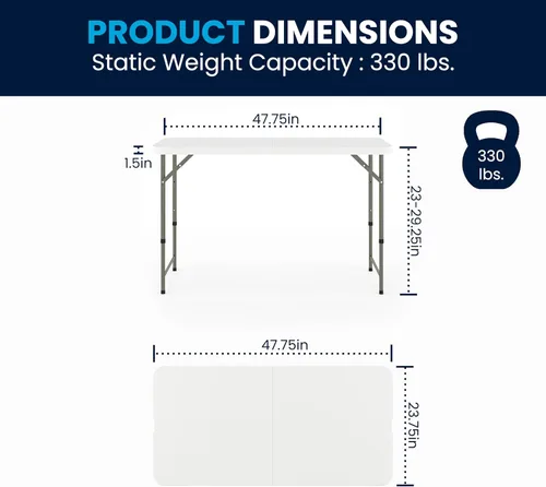 Vista 2 de Flash Furniture Mesa rectangular de plástico plegable de 4 pies con patas ajustables y asa de transporte, mesa de banquete portátil biplegable