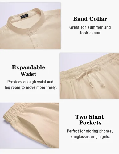 Vista 5 de COOFANDY Conjuntos de lino para hombre, 2 piezas, camisa de manga larga y pantalones cortos casuales con cordón en la cintura, trajes de verano
