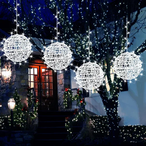 Vista 12 de Luces de Bolas de Navidad para Exteriores, Luces de Árbol Impermeables, Paquete de 4 Luces LED Colgantes de Globo Esfera de 7.87" con 8 Modos