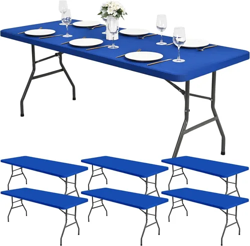 Vista 9 de Paquete de 6 fundas de tela elástica para mesa, color beige, para mesas de 8 pies, protector de mantel rectangular universal lavable y elástico