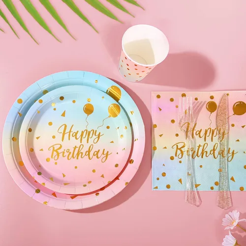Vista 9 de Juego de 200 platos y servilletas para fiesta de cumpleaños, platos desechables para cumpleaños, platos de papel arcoíris, servilletas y tazas