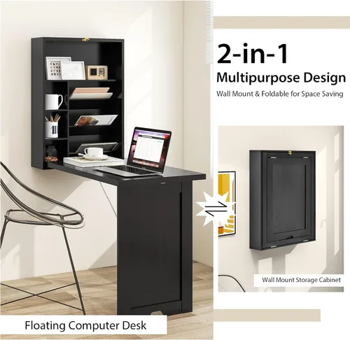 Vista 6 de Escritorio montado en la pared, escritorio flotante plegable de madera, escritorio convertible para computadora con área de almacenamiento, mesa