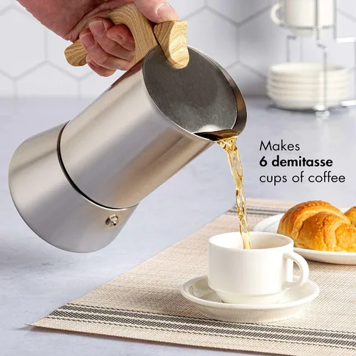 Vista 7 de Primula Cafetera y cafetera de acero inoxidable de alta calidad, olla moka para café clásico italiano, 6 tazas, mango de aspecto de madera