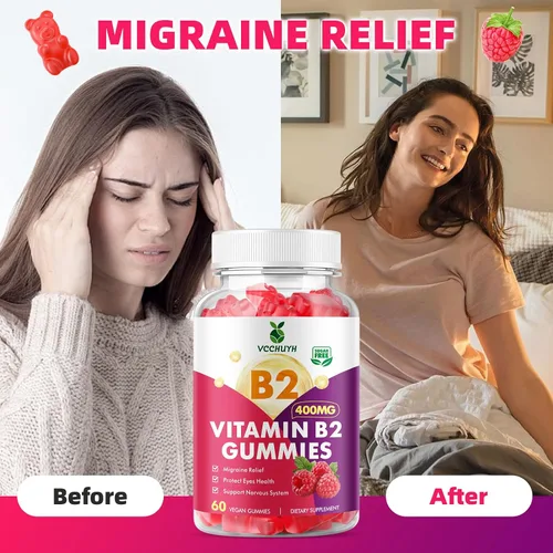 Vista 4 de Gomitas de vitamina B2 para niños y adultos, VIT B2 Riboflavina 400 mg Suplemento con magnesio para aliviar la migraña y apoyar el sistema nervioso
