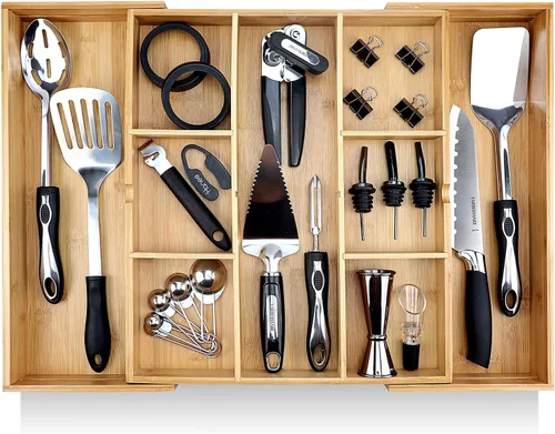 Vista 8 de Pristine Bamboo bandeja organizadora de cubiertos – Utensilios de mesa, cubiertos, soporte de cubiertos para cajón – Organizador de cajón de madera